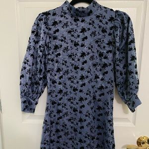 Metallic blue dress with black velvet detailing. XS. NWT. High Neck, Long sleeve